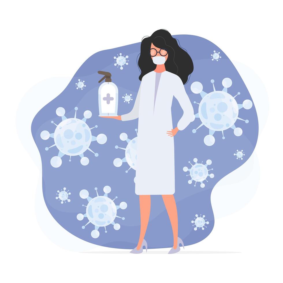 Girl doctor holds a sanitizer in her hands. Medical woman in a white coat. A drop with a sword and shield surrounded by virus molecules. Disinfectant in flat style. vector