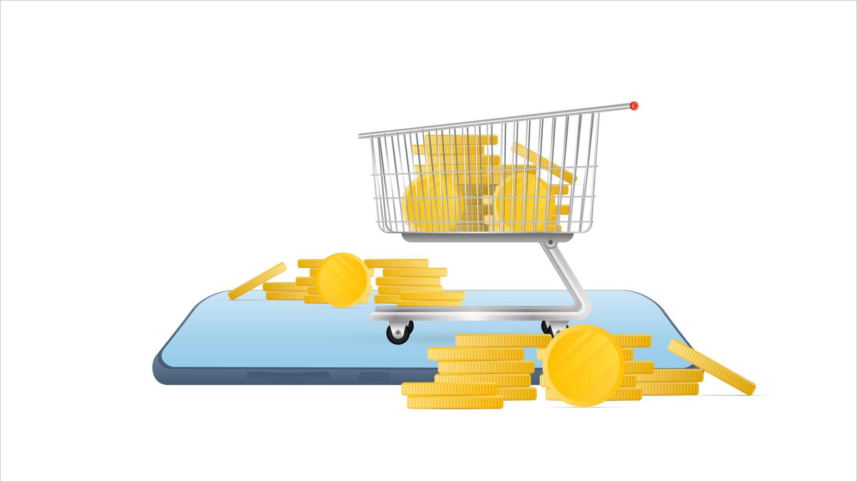 Smartphone with gold coins. Phone, a mountain of coins. The concept of cashback and mobile banking. Isolated. Vector. vector