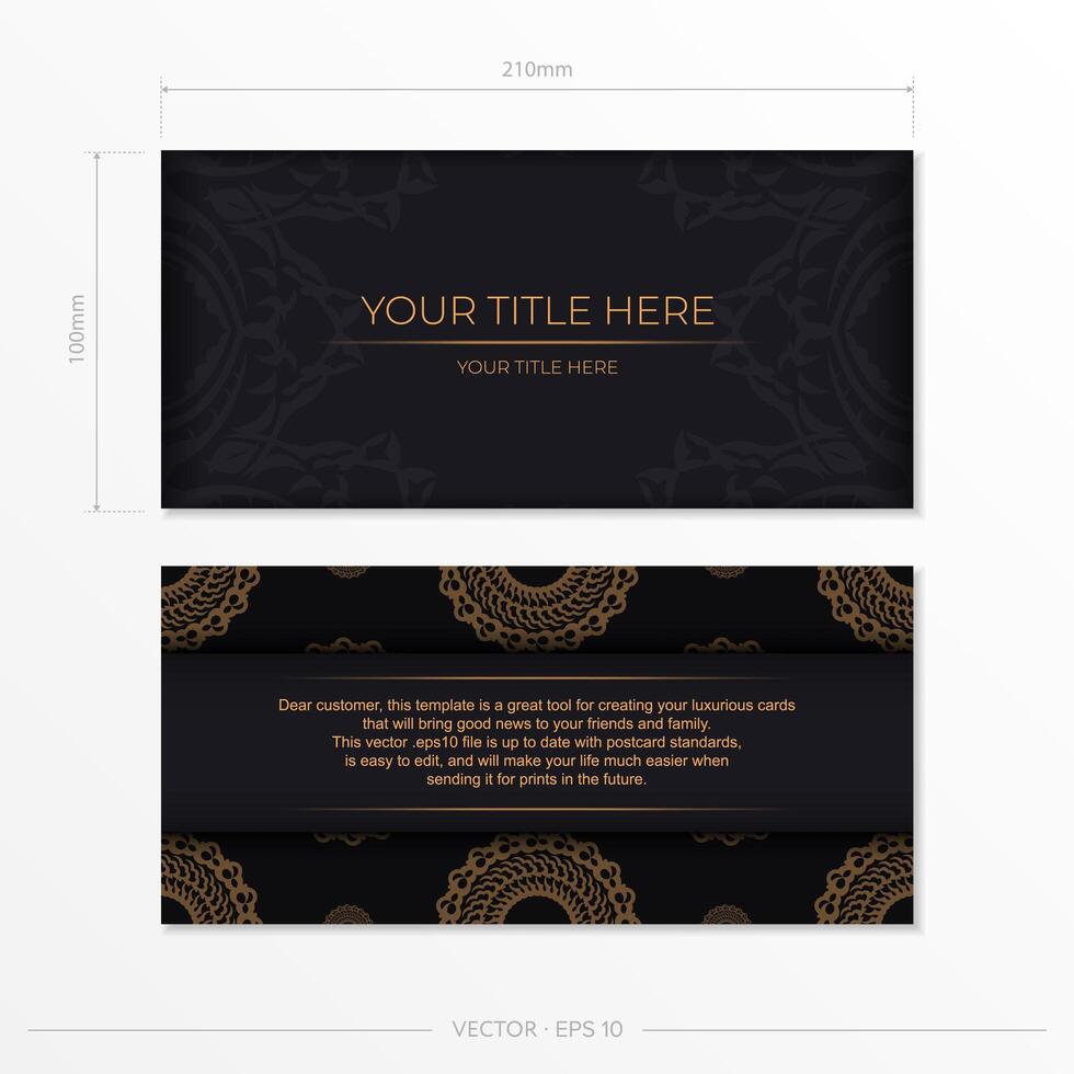 Dark black gold postcard template with white Indian mandala ornament. Elegant and classic vector elements ready for print and typography.