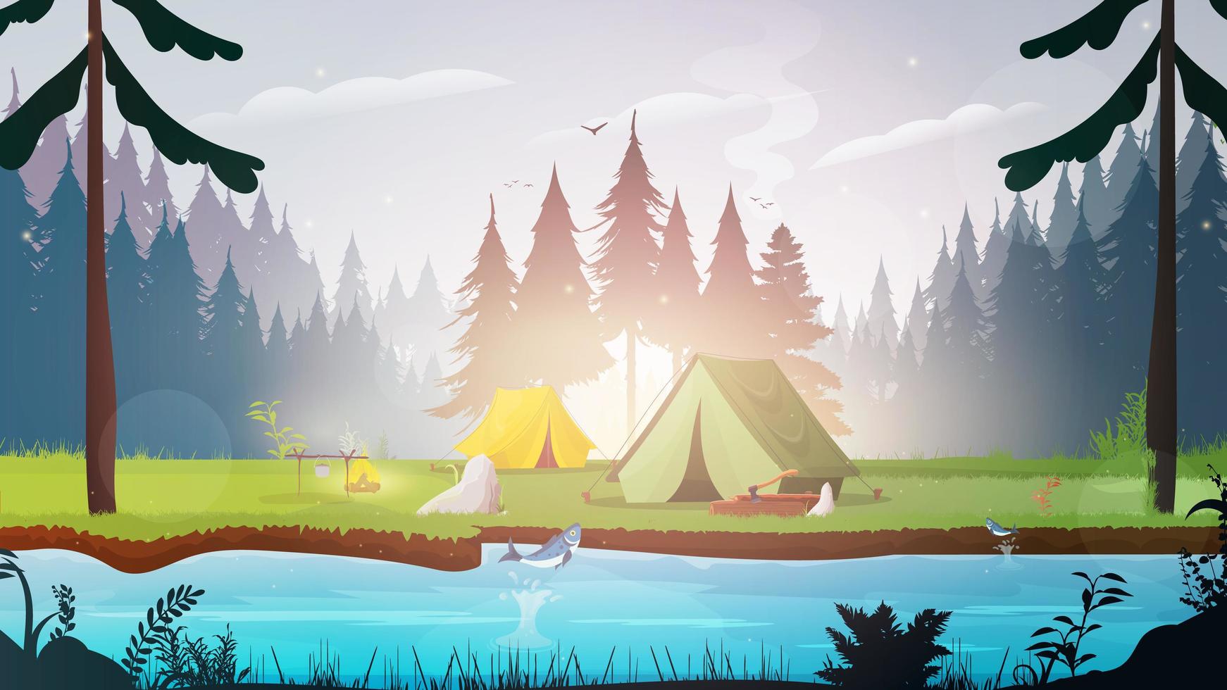 Camping with tents in the forest. Forest with a river. Bonfire, food on a fire, logs, ax. The concept of fishing and camping. Vector. vector