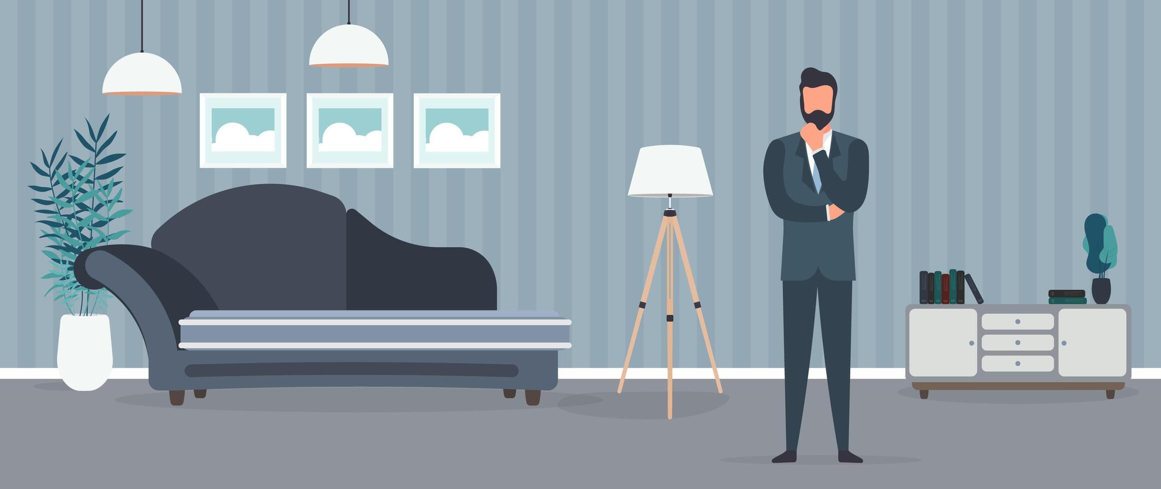 A businessman in a business suit is sitting at his office. Businessman posing thoughtfully. . vector