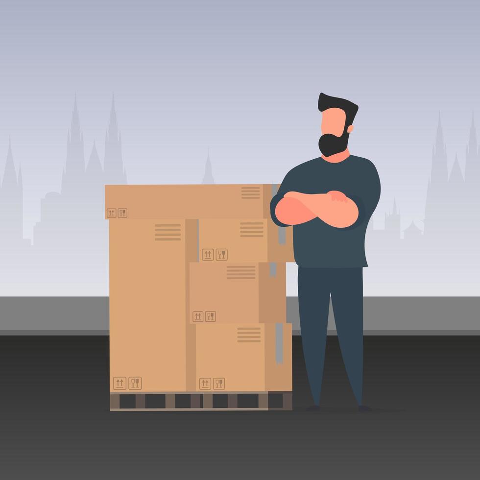 A man stands with cardboard boxes. Delivery and trucking concept. Vector. vector