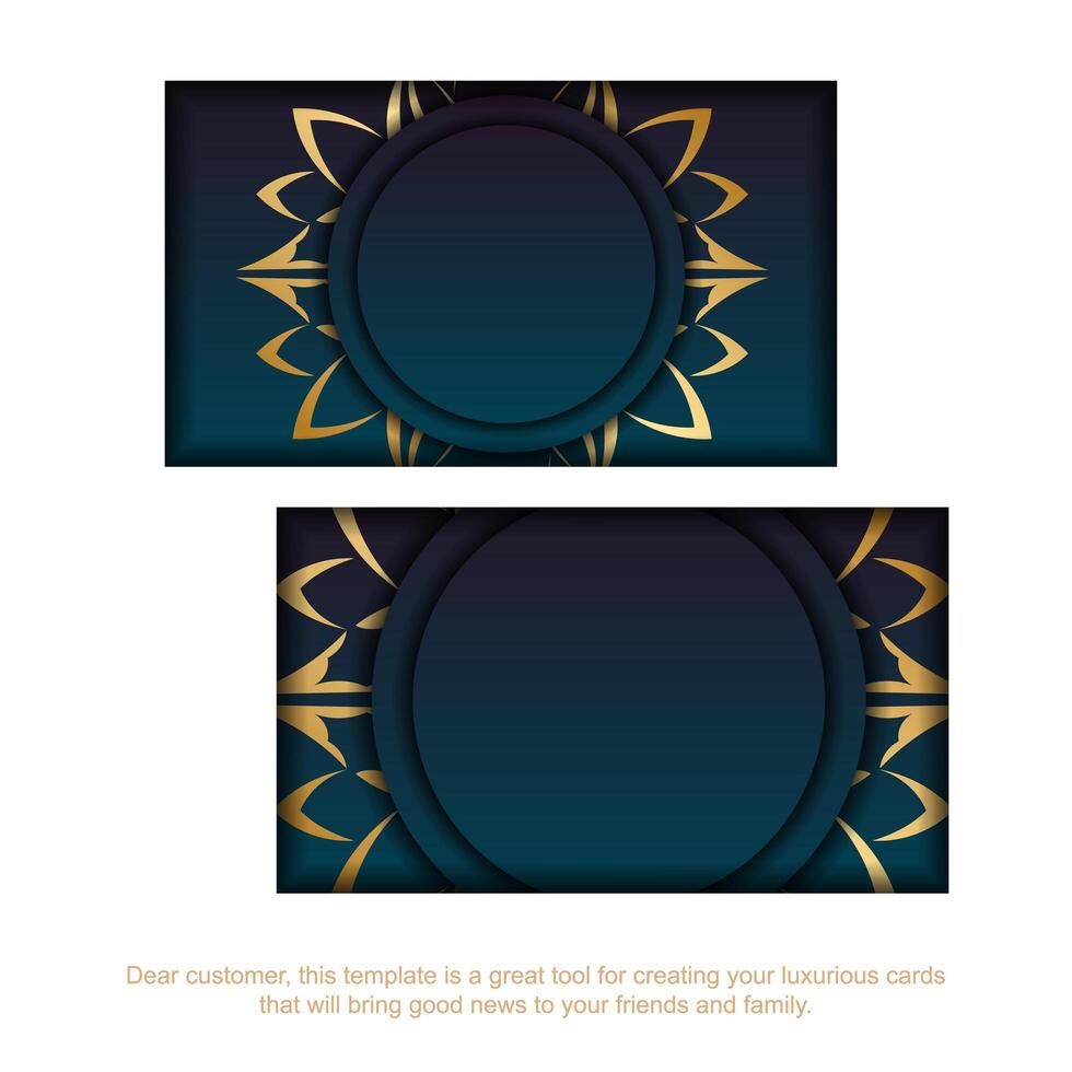 Business card with gradient blue color with abstract gold ornament for your business. vector