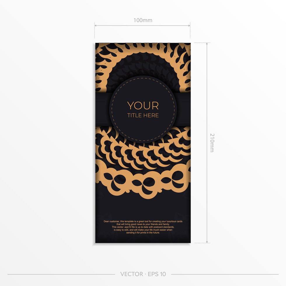 Dark black gold postcard template with white abstract mandala ornament. Elegant and classic vector elements are great for decoration.