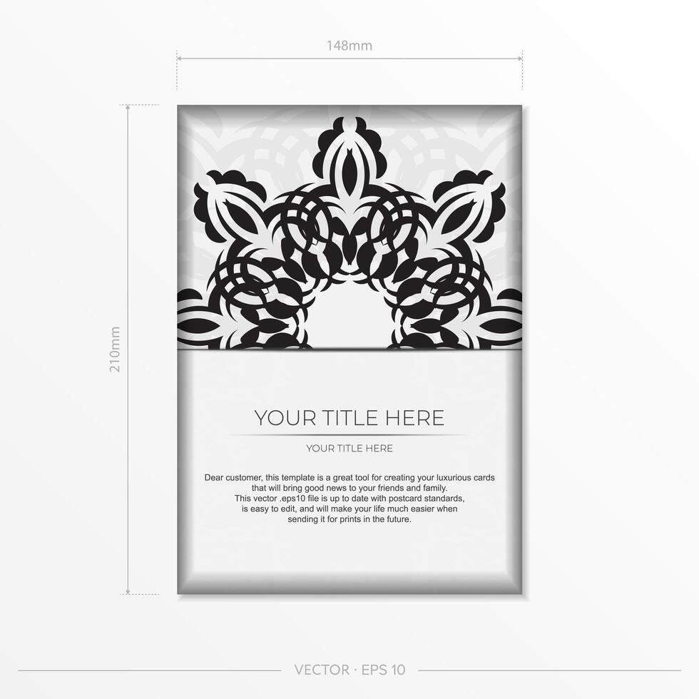Luxurious white rectangular postcard template with vintage indian ornaments. Elegant and classic vector elements ready for print and typography.