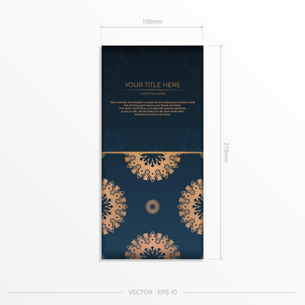 Dark blue postcard template with abstract ornament. Elegant and classic elements ready for print and typography. Vector illustration.