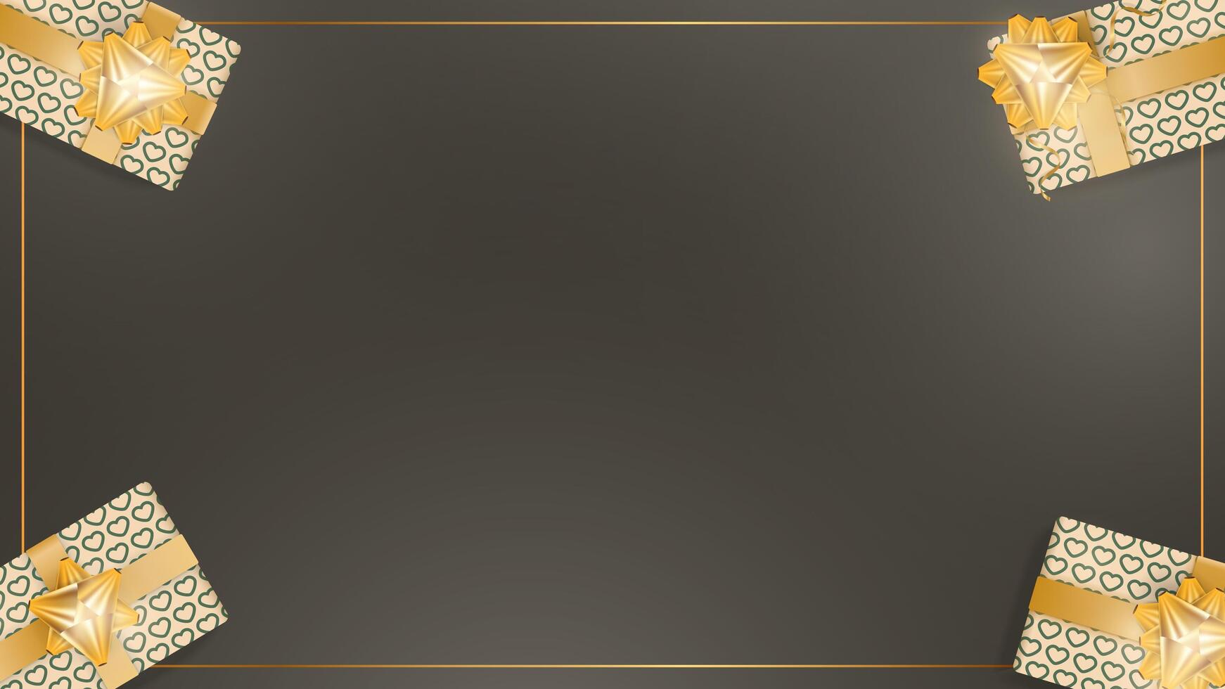 Chocolate background with realistic champagne color gift boxes, gold ribbons and bow. Background with space for text. View from above. Vector illustration.