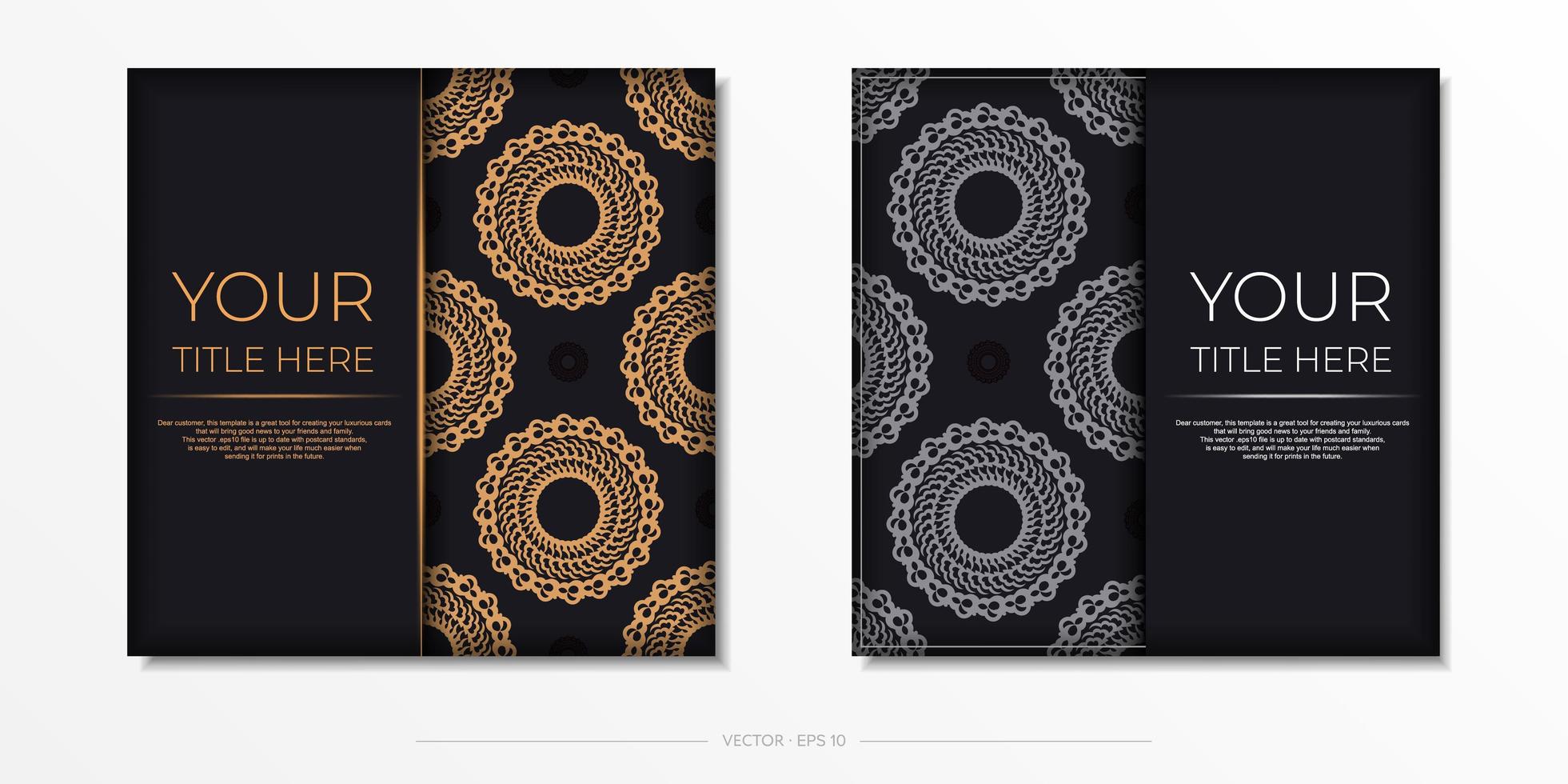 Dark black gold postcard template with white Indian ornaments. Elegant and classic elements ready for print and typography. Vector illustration.