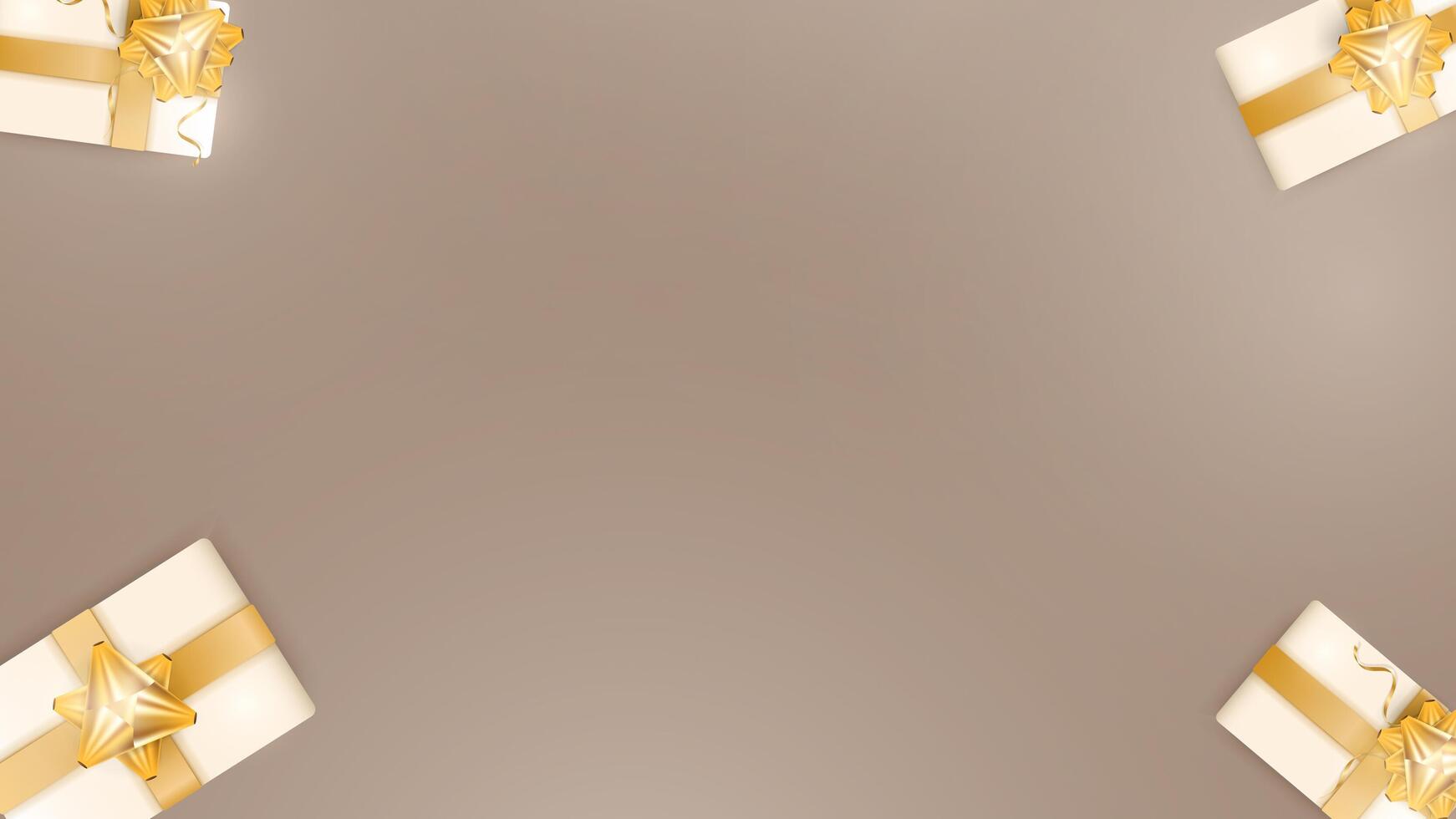 Chocolate colored background with realistic champagne color gift boxes, gold ribbons and bow. Background with space for text. View from above. illustration. vector