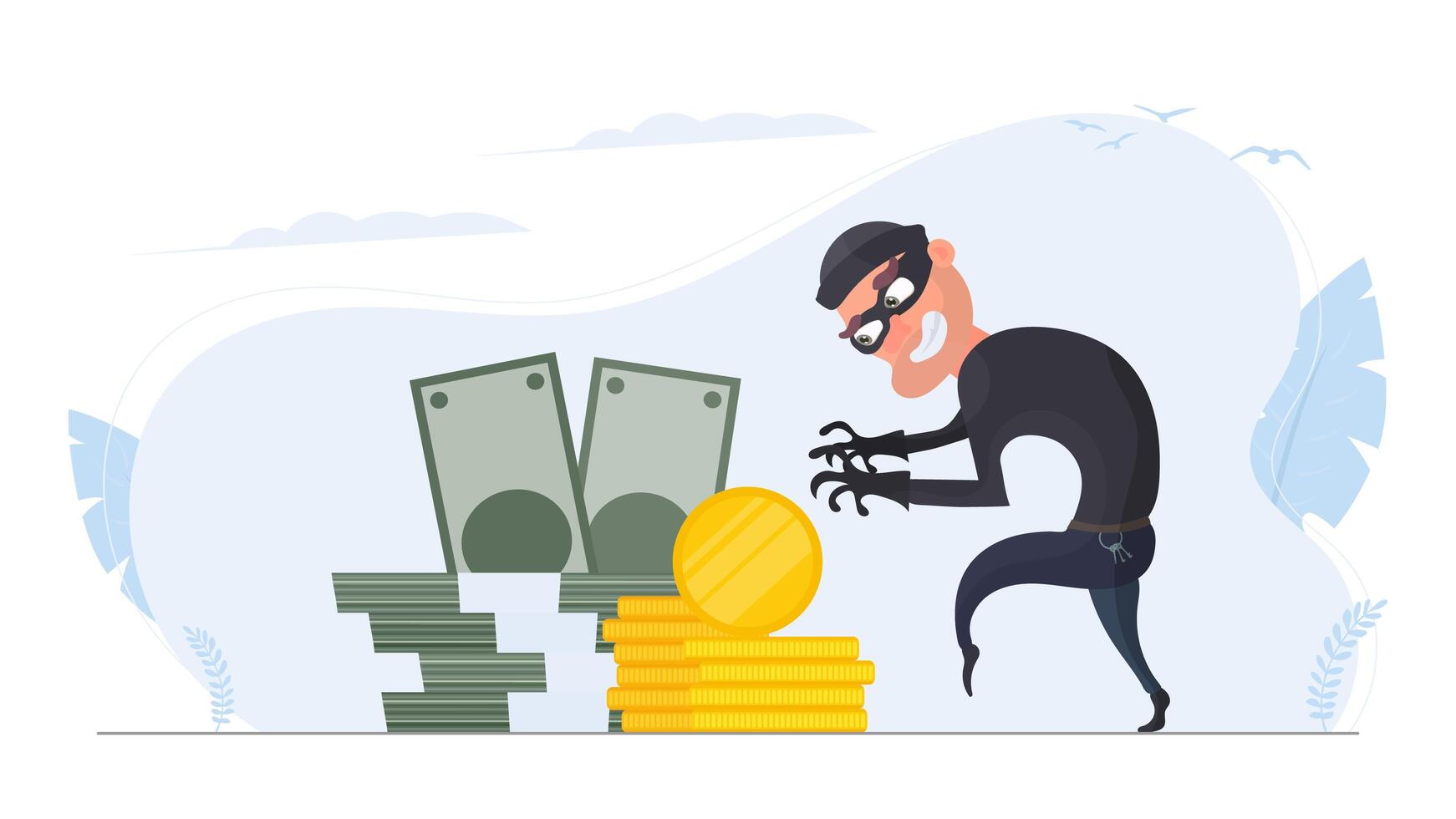 The robber steals money. The criminal steals gold coins. Robbery and finance security concept. Flat style, . vector