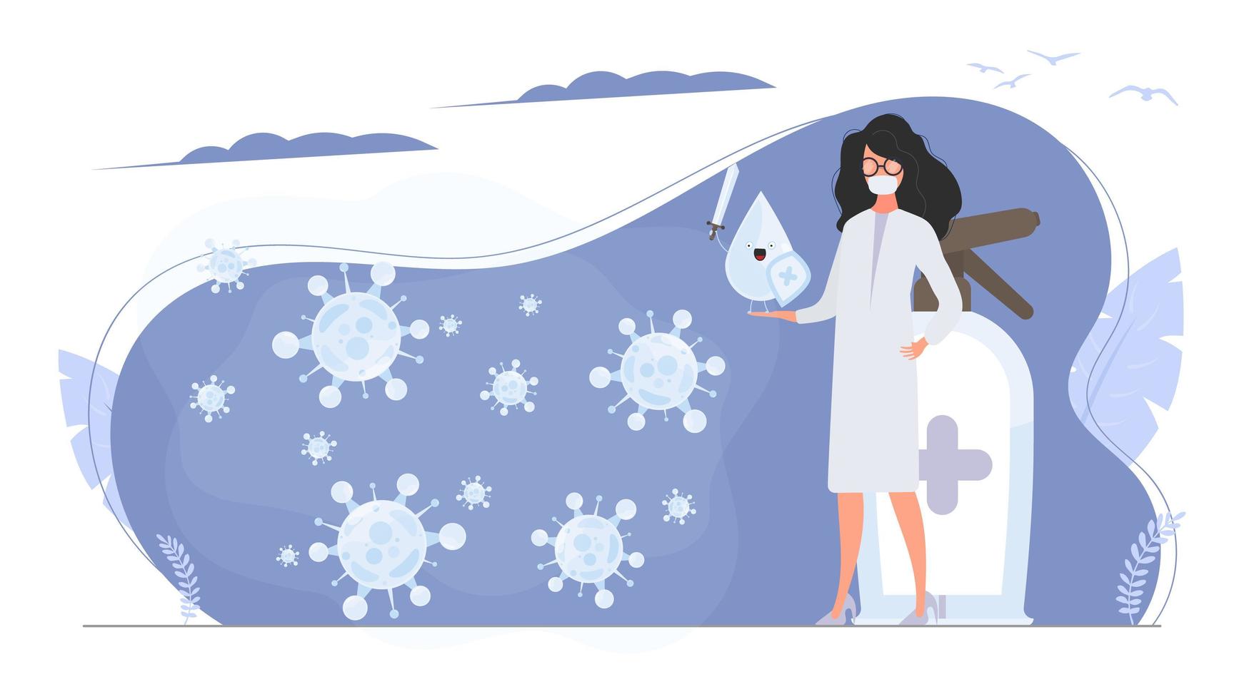 Girl doctor holds a sanitizer in her hands. Medical woman in a white coat. A drop with a sword and shield surrounded by virus molecules. Disinfectant in flat style. vector