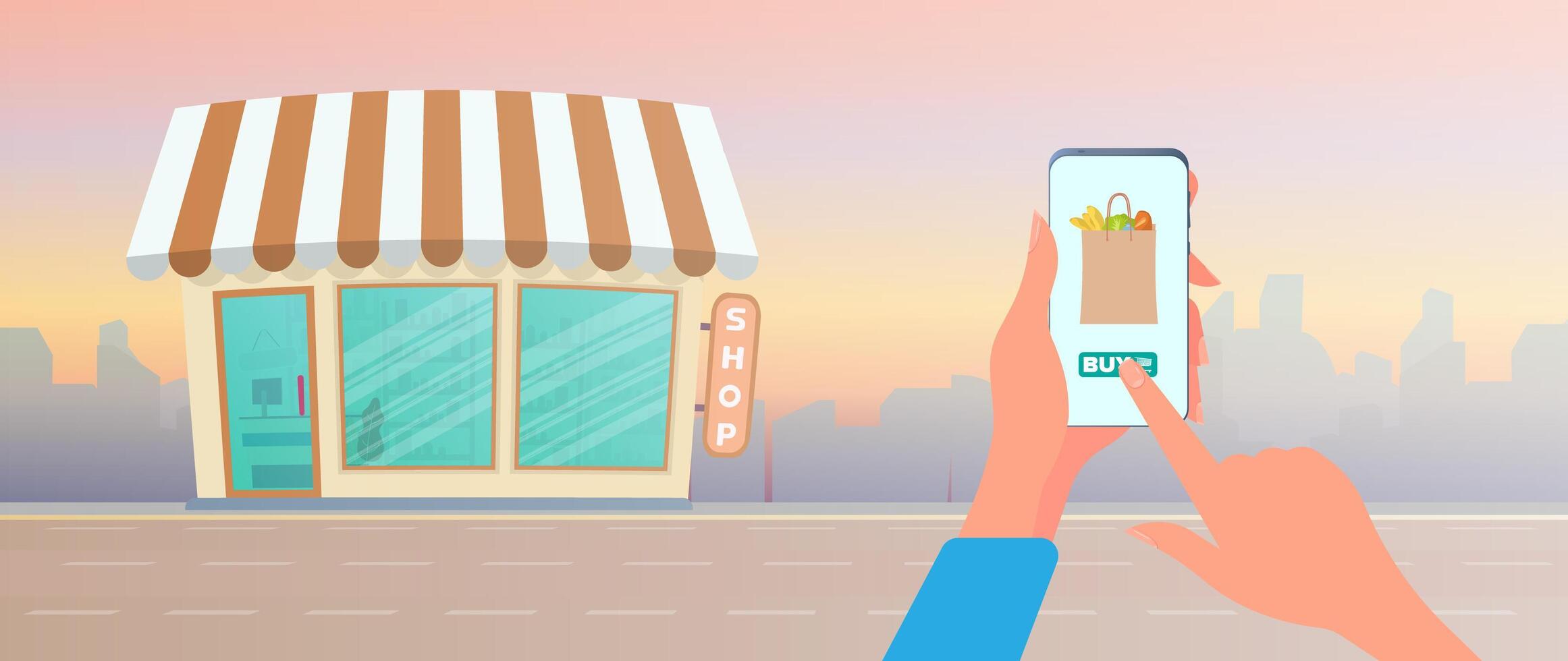 Order food at home. Hand holds smartphone. Home delivery, delivery concept. . vector