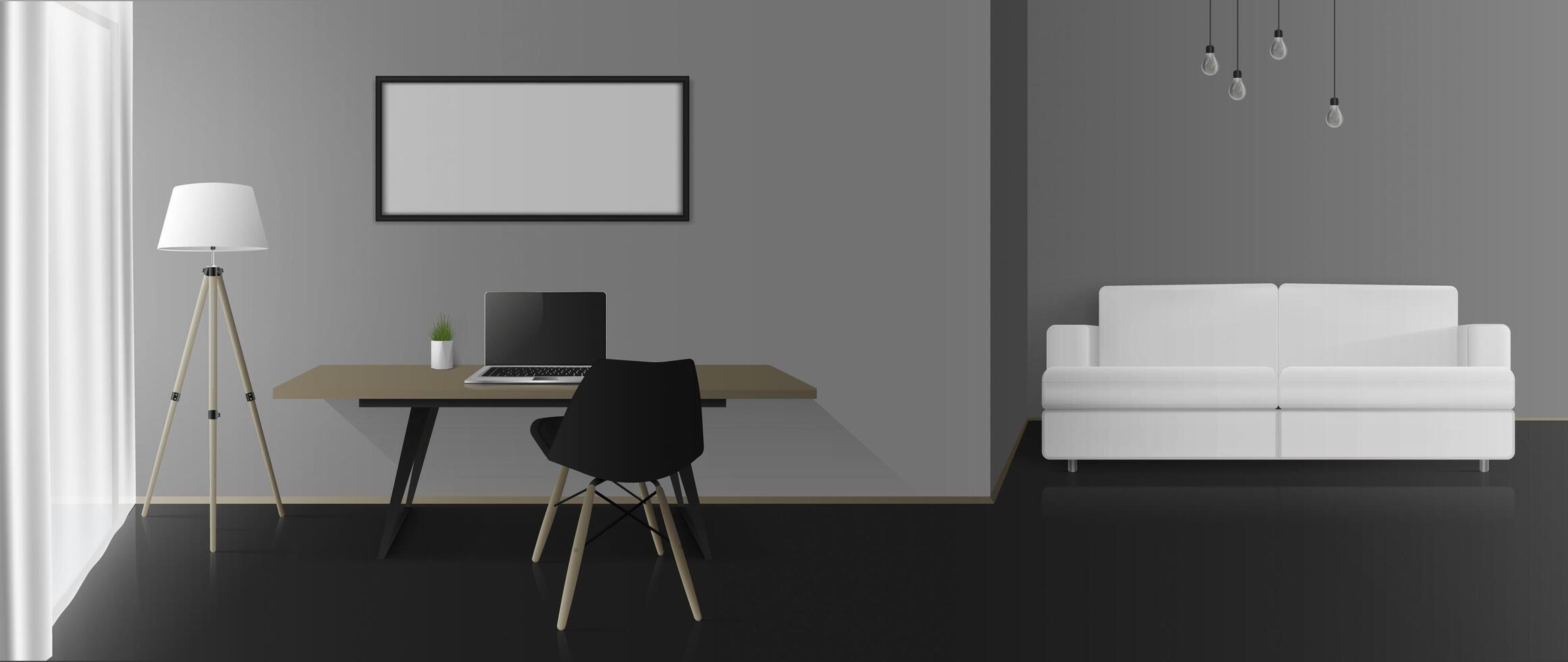 Modern room with gray walls, a work area and a seating area. Sofa, table, chair, floor lamp, laptop. . vector