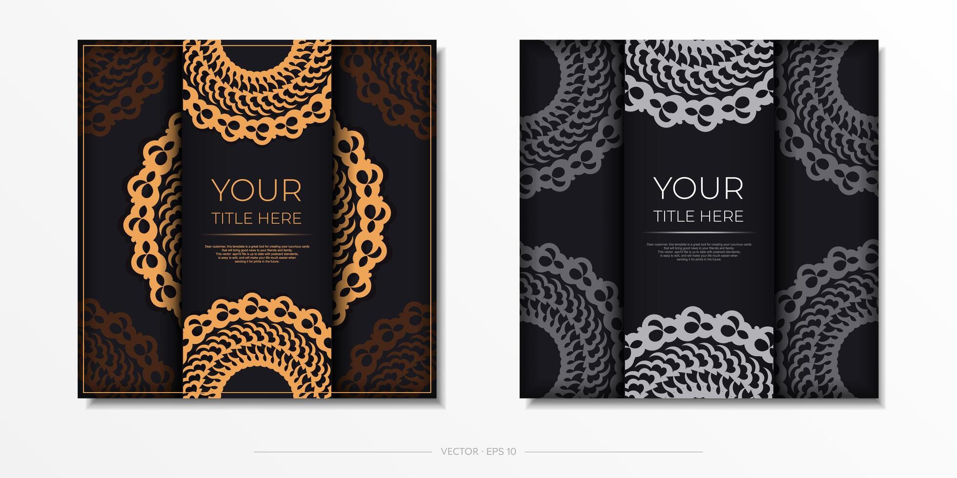 Dark black gold postcard template with white Indian mandala ornament. Elegant and classic elements ready for print and typography. Vector illustration.