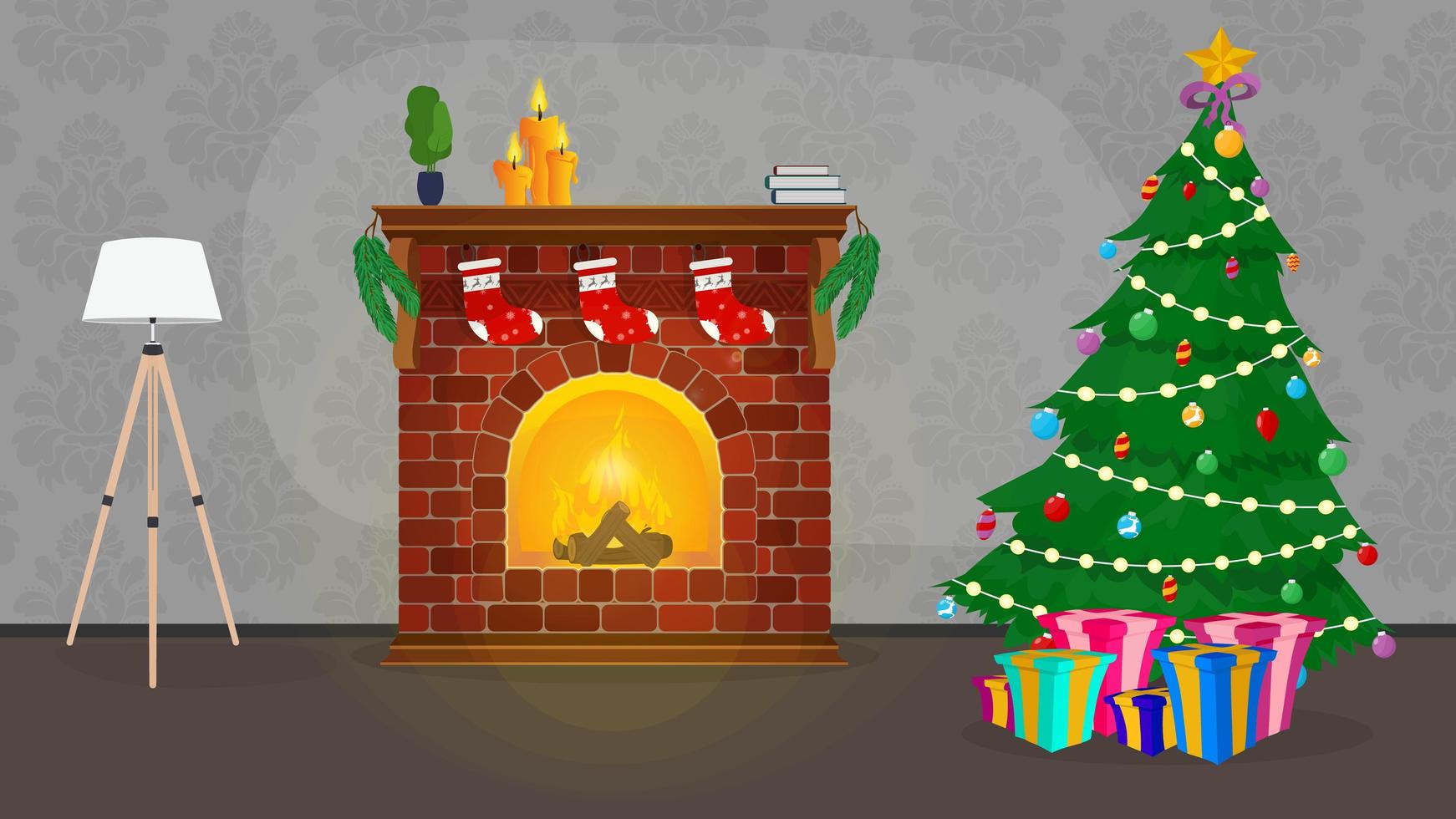 habitación de año nuevo en estilo vintage. árbol de navidad, regalos, chimenea, sillón, sala de estilo retro. vector. vector