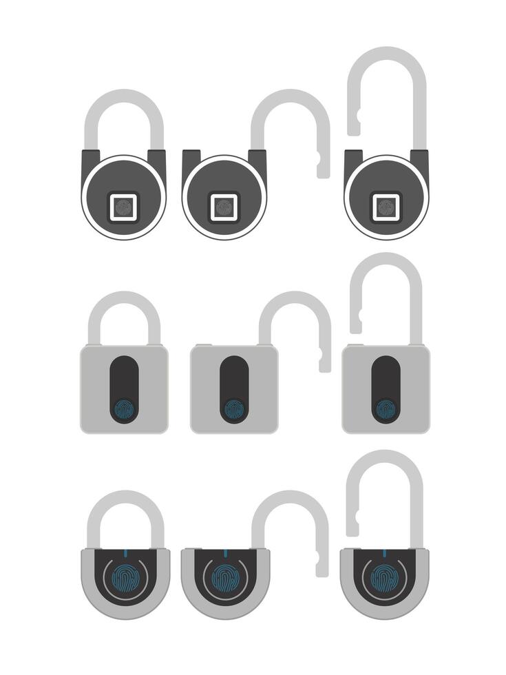 Set of padlocks with fingerprint scanner. A modern padlock is opened with a fingerprint. Isolated. Vector. vector