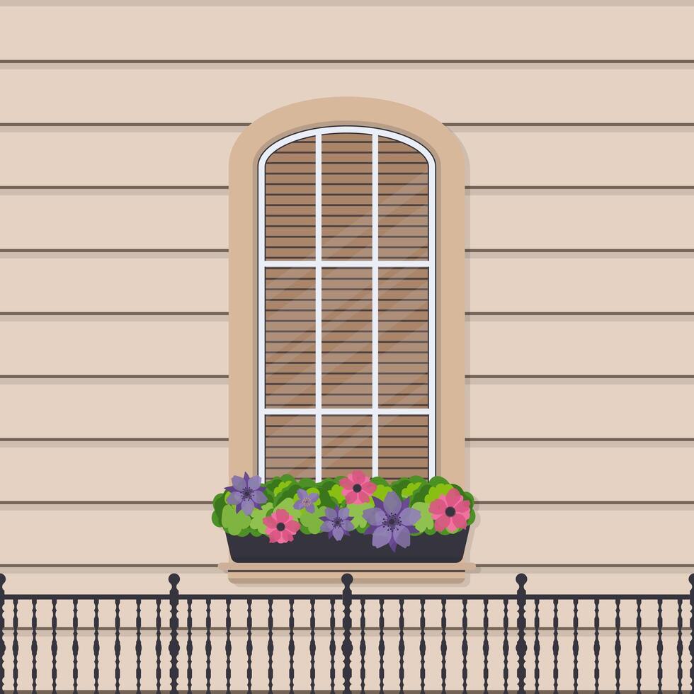 Semicircular window with flowers in a flat style. Window with shutters. . vector