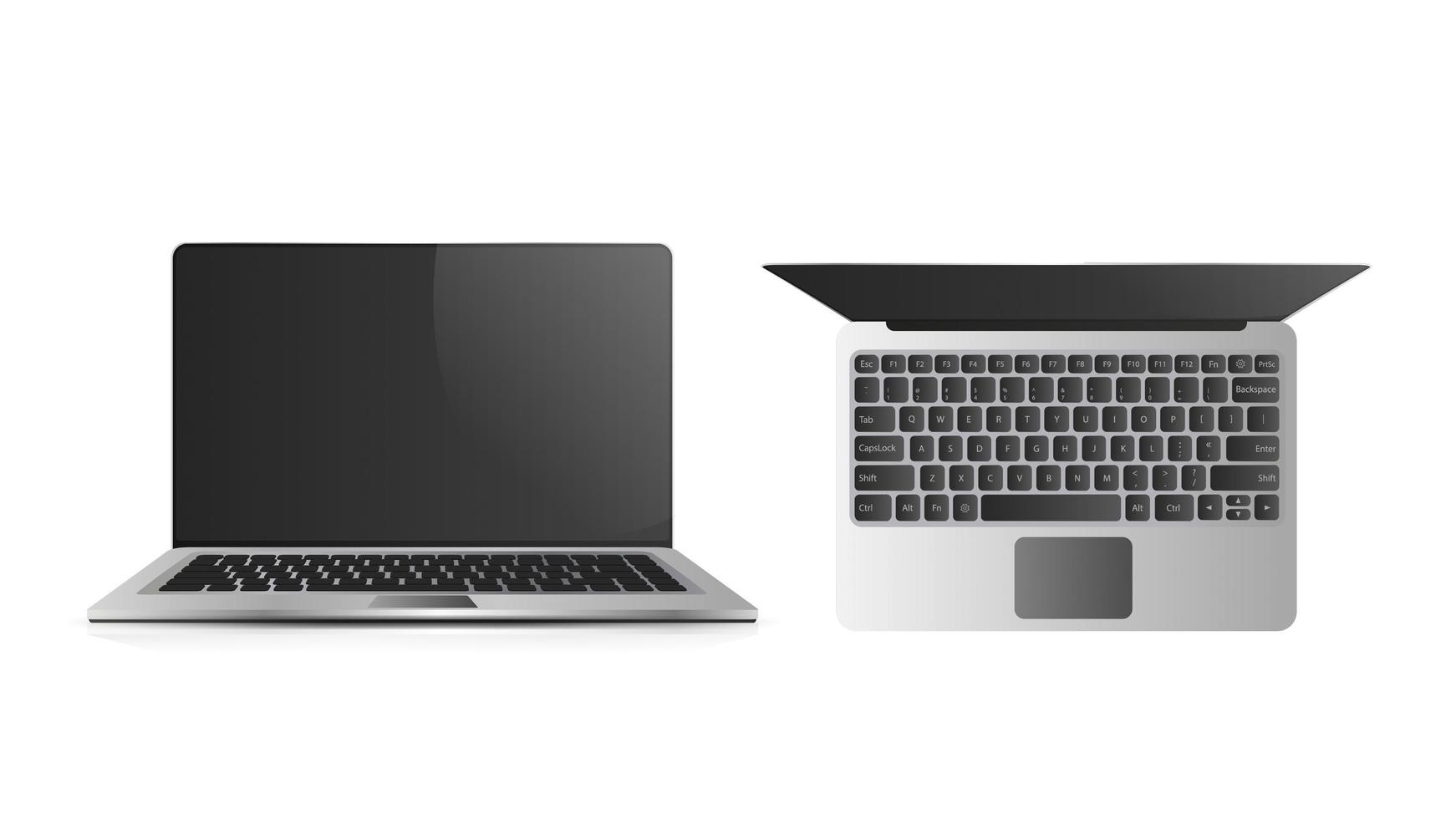 Vector realistic illustration of an open laptop. Laptop view straight and top. Isolated on a white background.