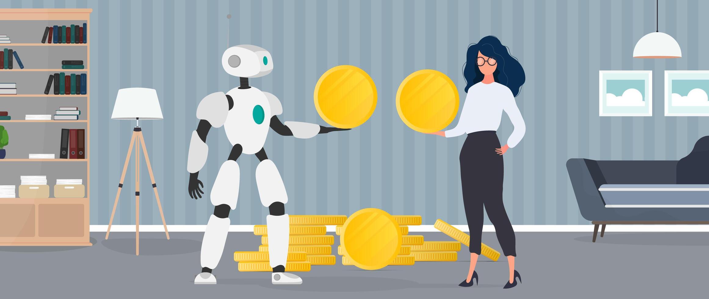 The robot gives a gold coin to the girl. The robot brings profit to the business. . vector