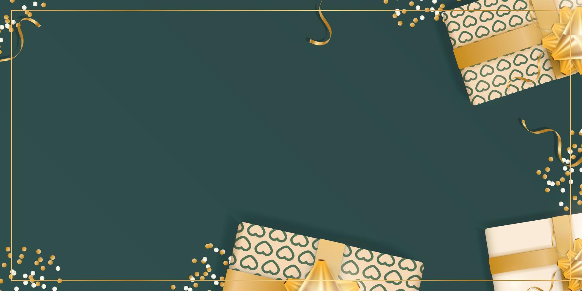 Green background with gifts and place for text. Ready poster or banner. View from above. Vector illustration.