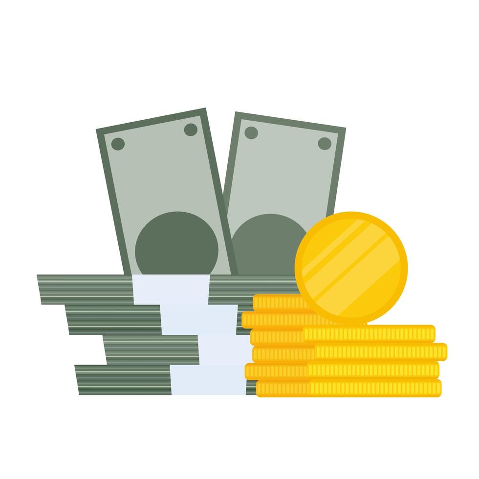 Mountain of money isolated on white background. Dollars, bundles of money, gold coins. The concept of a successful business, earnings and wealth. Vector. vector