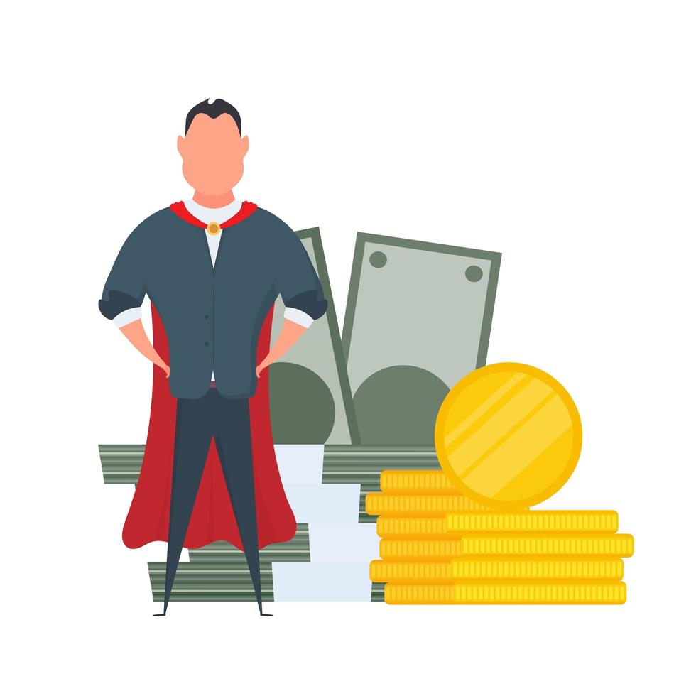 hombre de negocios y una montaña de dinero. un hombre se para cerca de monedas de oro y grandes billetes de dólar. un paquete de dinero. el concepto de negocios exitosos, ganancias y riqueza. vector. vector