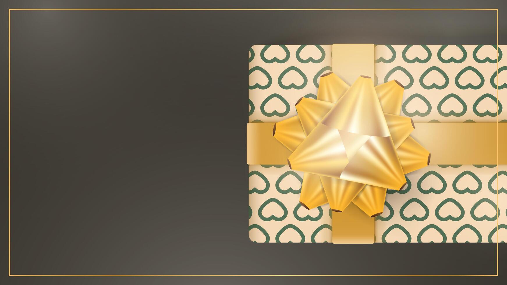 Chocolate background with realistic champagne color gift box, gold ribbons and bow. Background with space for text. View from above. illustration. vector