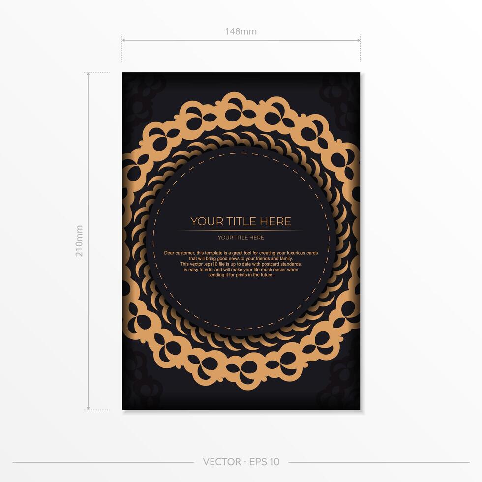 Dark black gold postcard template with white abstract ornament. Elegant and classic elements are great for decorating. illustration. vector
