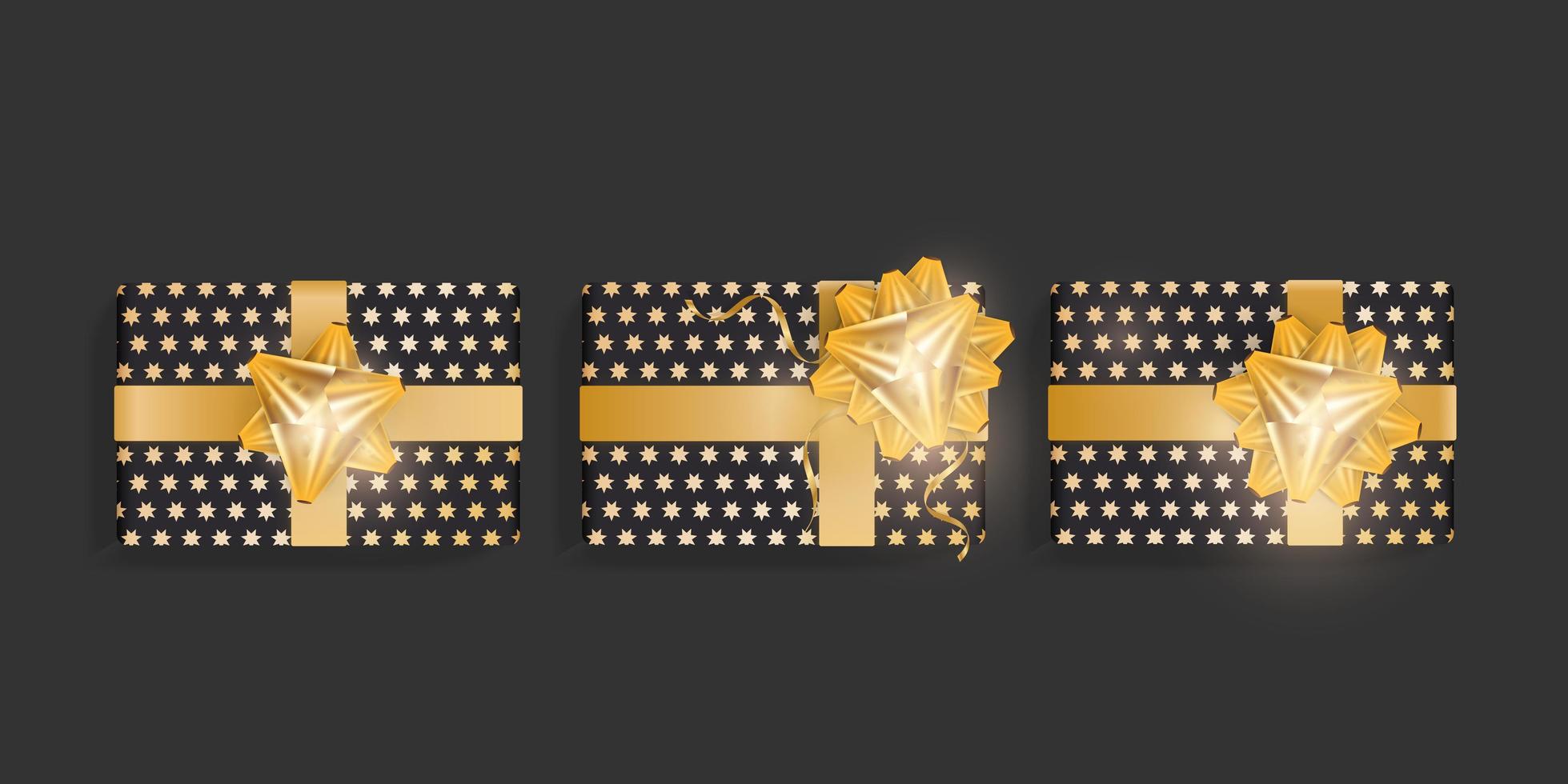 Set of black gift boxes with stars, gold ribbon bows. Beautiful realistic gift box template for birthday, christmas, new year design. Top view vector illustration