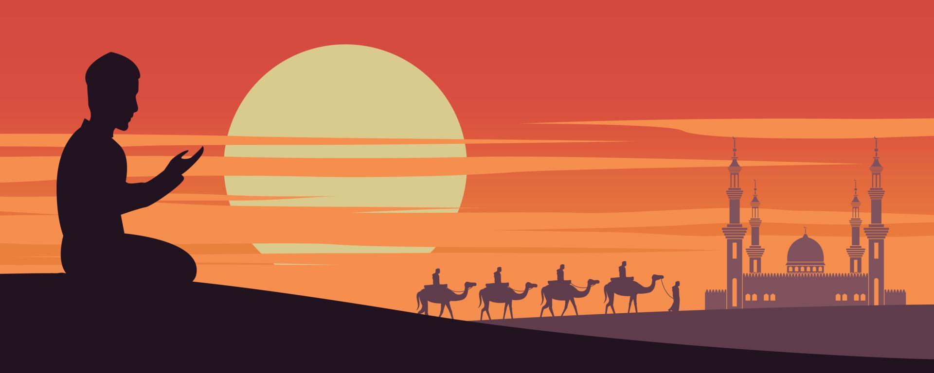 musulmán ora mientras la caravana musulmana monta en camello a la mezquita de dubai al atardecer, la tradición de árabe, diseño de silueta vector