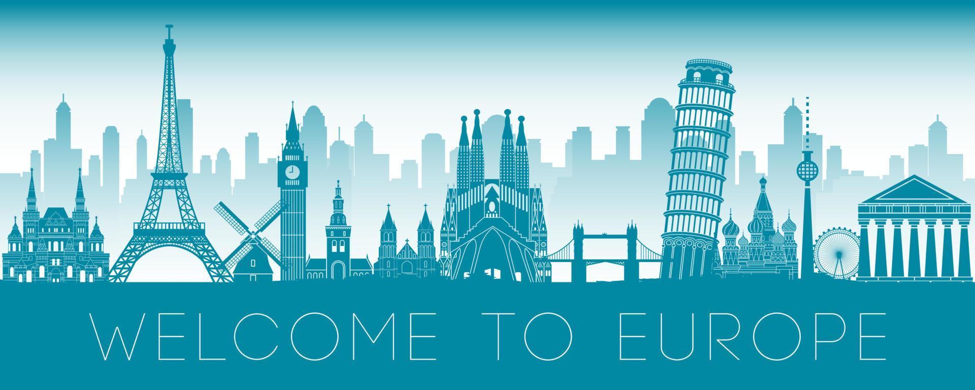 Europe famous landmark blue green silhouette design vector