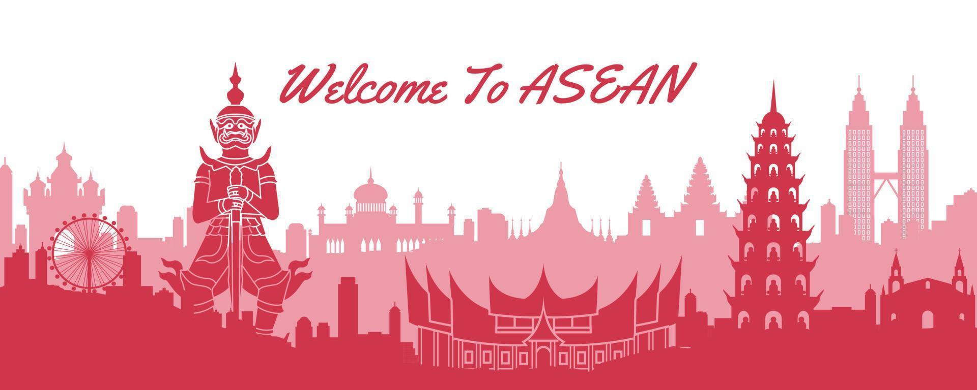 famous landmark of ASEAN,travel destination with silhouette classic design vector