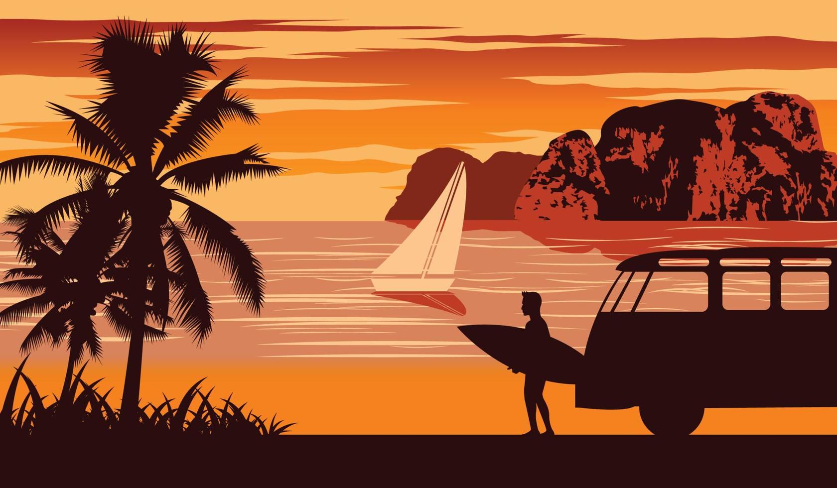 escena de la naturaleza del mar en verano, hombre sostiene tabla de surf cerca de la playa, diseño de color vintage vector