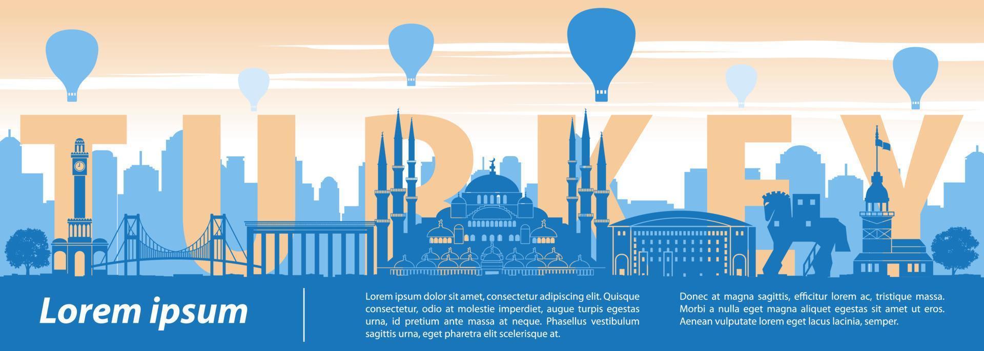 Turkey famous landmark silhouette style,text within,sunset time,balloon above vector