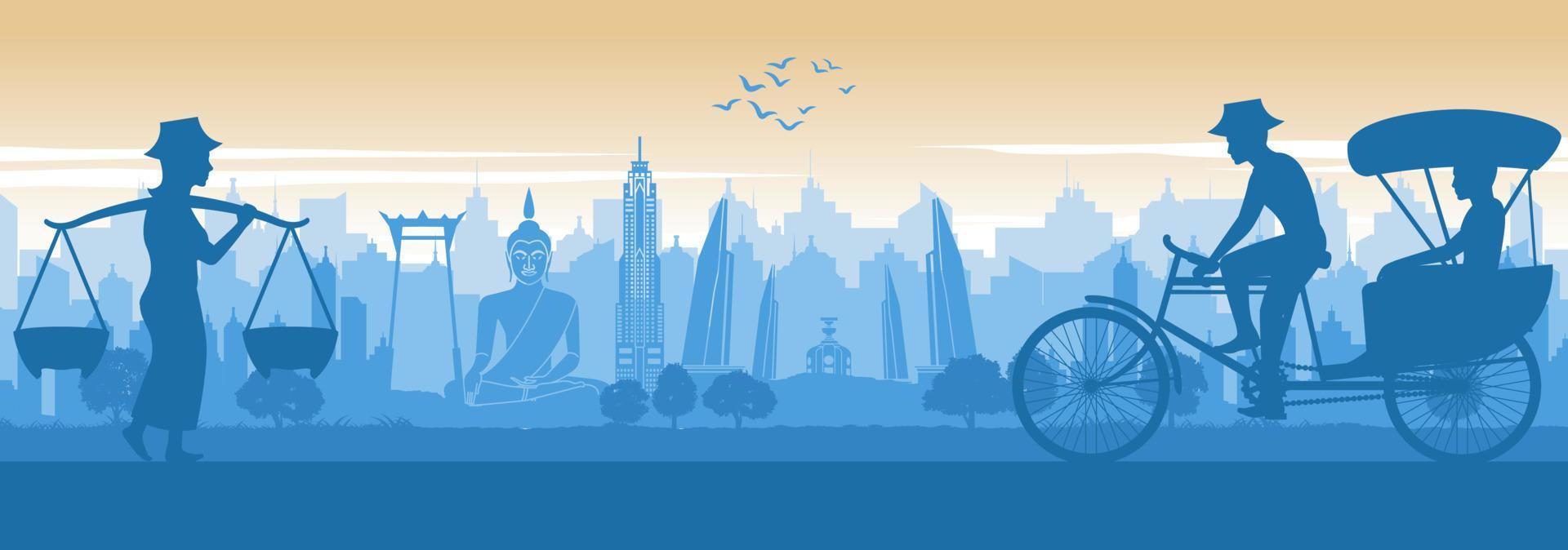 Thailand famous landmark in scenery lifestyle design with blue and orange yellow color in silhouette design vector