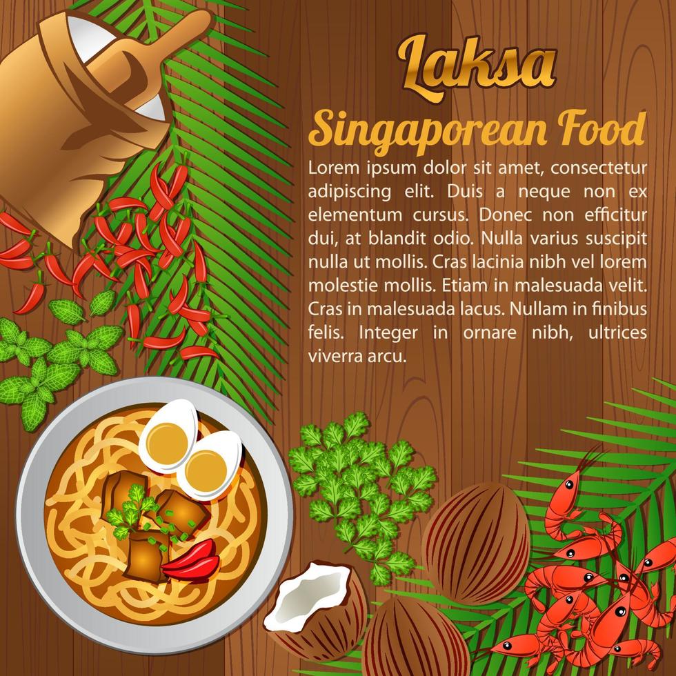 Asean National food ingredients elements set banner on wooden background,Singapore vector