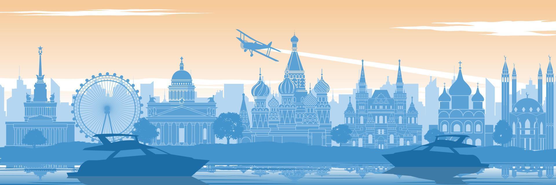 Russia famous landmark in back of river and yacht in scenery style silhouette design in blue and orange yellow color vector