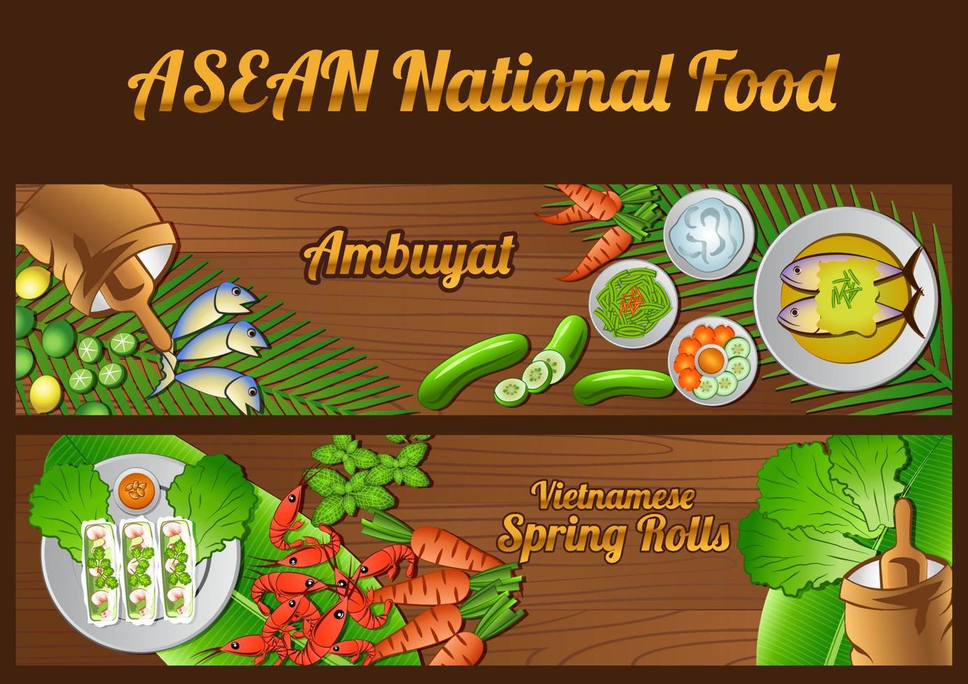 Asean National food ingredients elements set banner on wooden background,Brunei and Vietnam vector