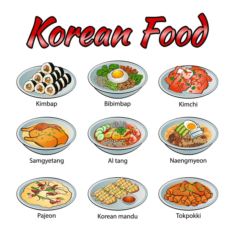 conjunto de deliciosa y famosa comida coreana en un colorido icono de diseño degradado vector