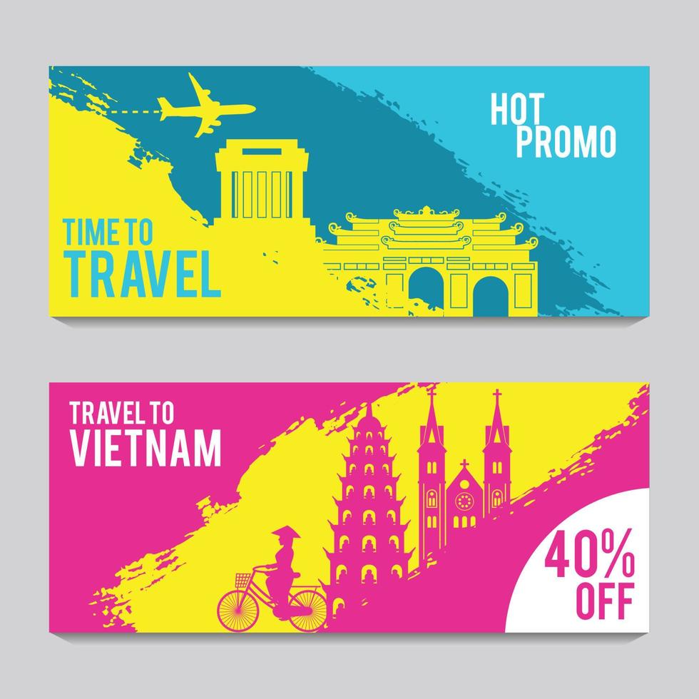 banner de promoción brillante y colorido con color rosa y azul para viajes a vietnam, diseño de arte de silueta vector