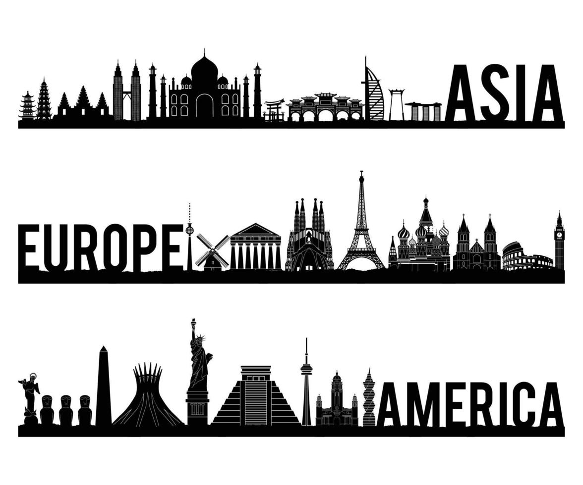 Asia Europe and America continent famous landmark silhouette style with black and white classic color design include by country name vector