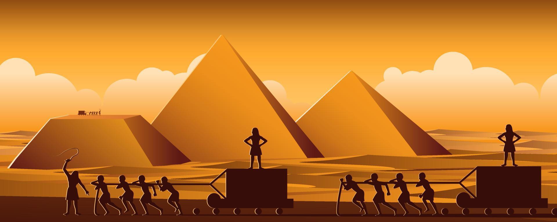 la construcción de la pirámide en egipto en la antigüedad usa a los hombres para ser esclavos todo el día, versión de dibujos animados vector