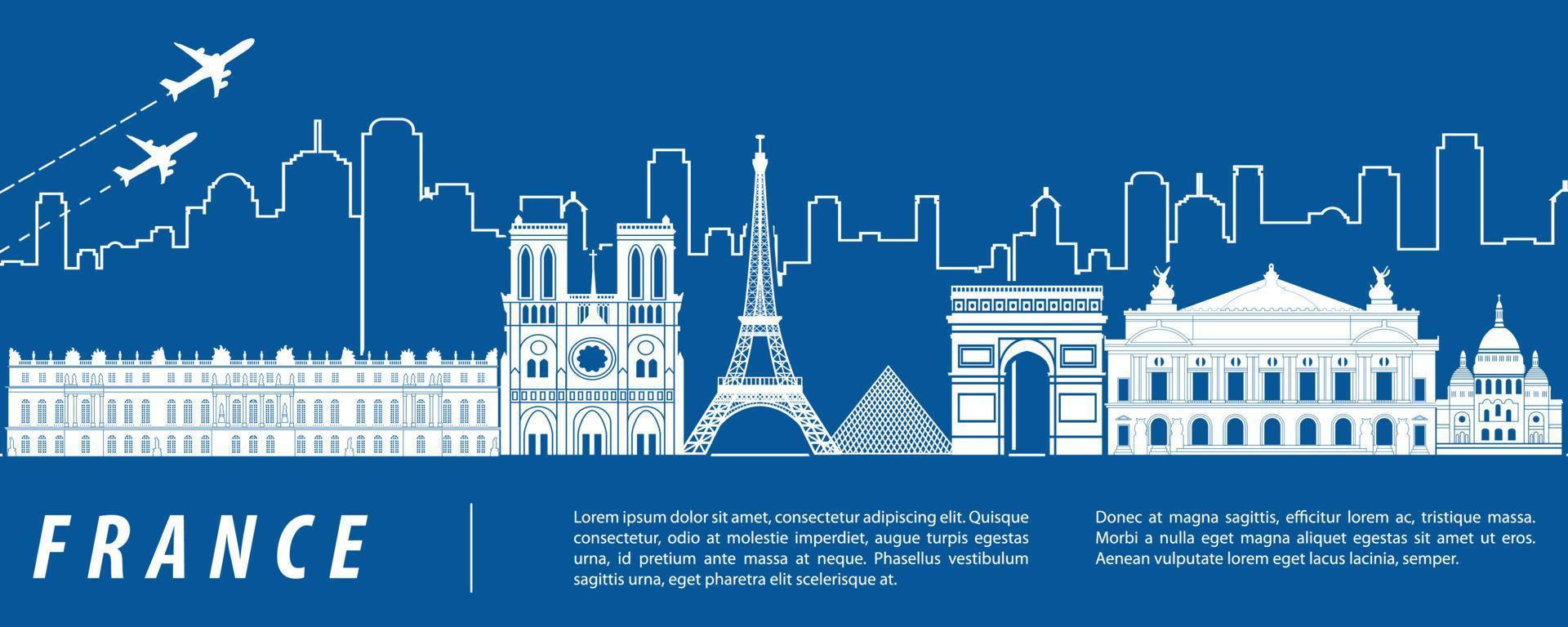 France famous landmark silhouette with blue and white color design vector
