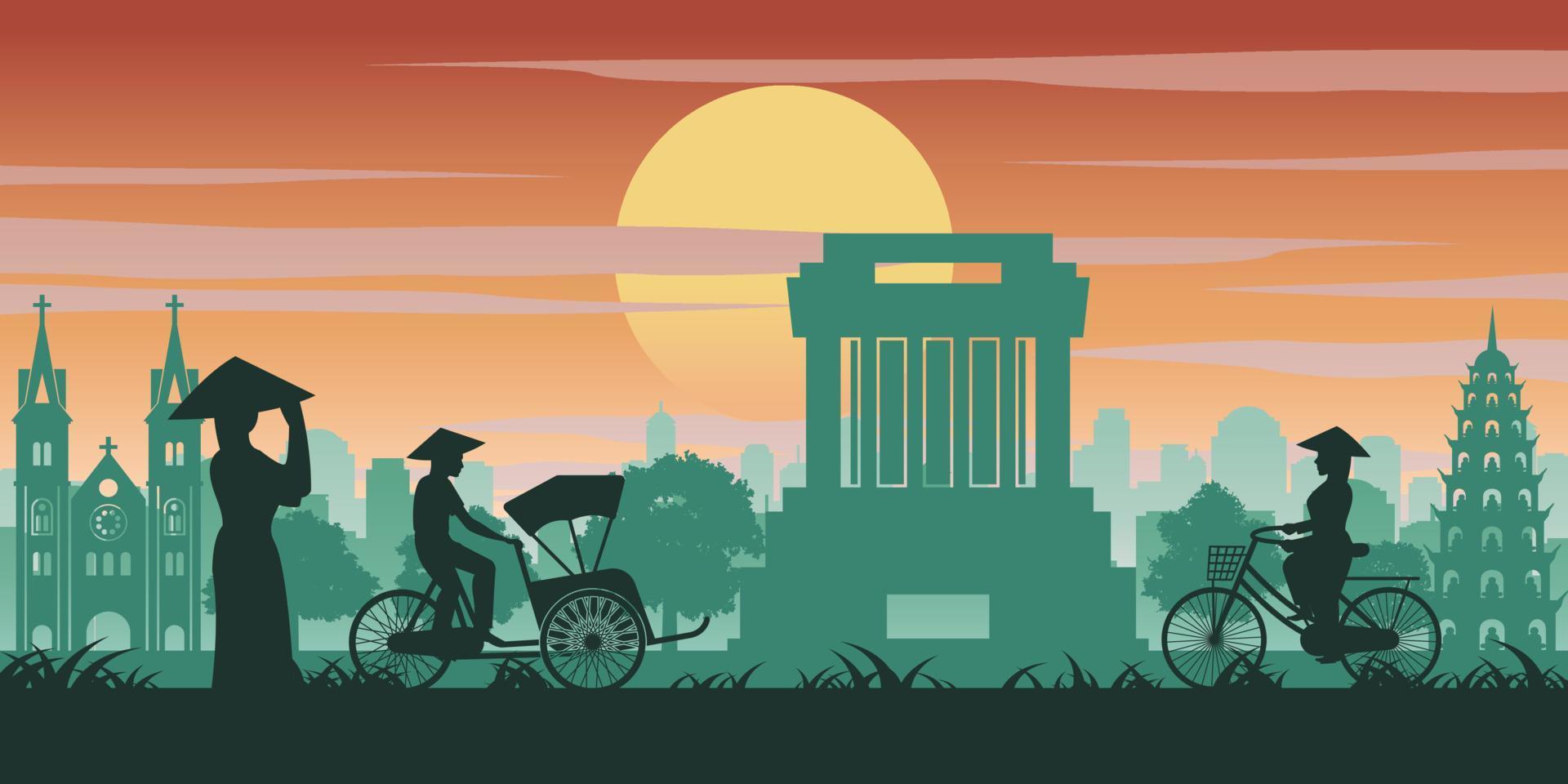 Vietnamese woman and man ride bicycle pass landmark of Vietnam,vintage color with sunset time tone vector