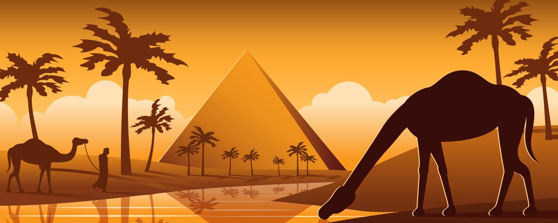 camello bebe agua en el desierto de oasis cerca de la pirámide, diseño de dibujos animados de silueta vector