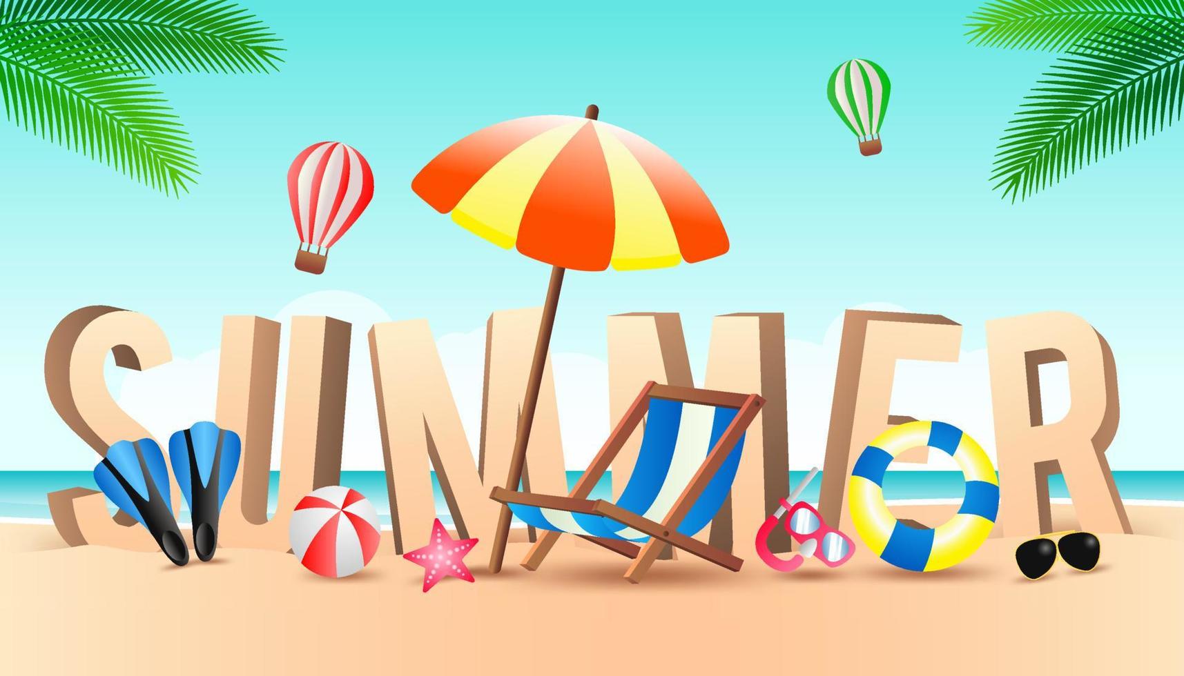 oferta de venta de verano elemento decorativo de banner con su símbolo frente a un gran texto arenoso, diseño moderno y de moda vector