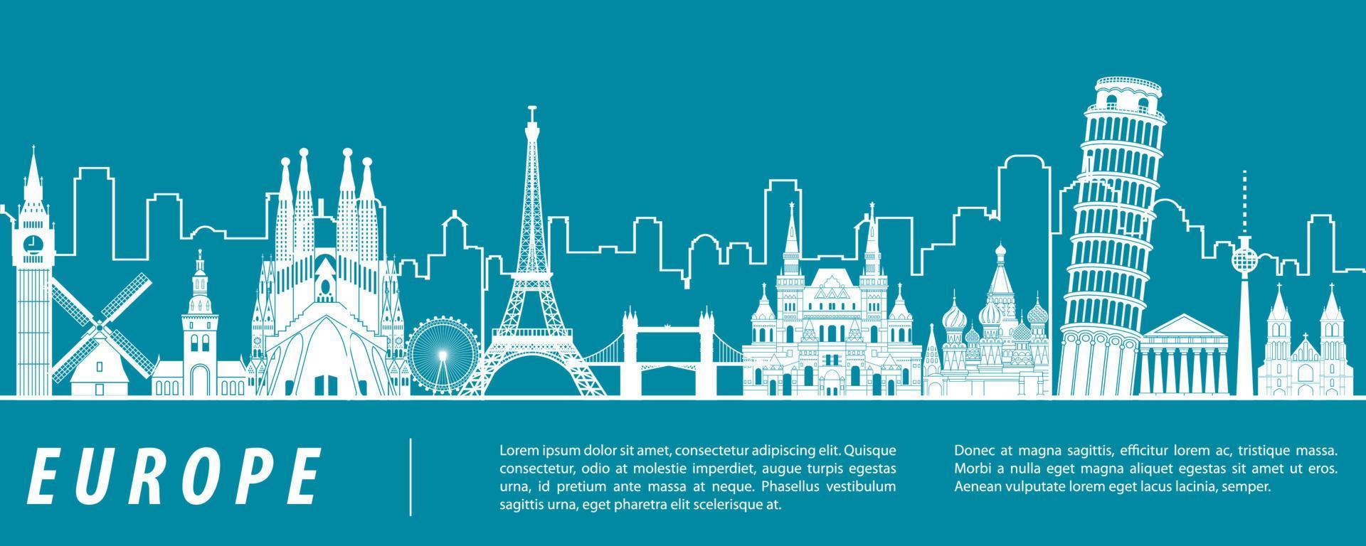 Europe famous landmark silhouette with blue green and white color design vector