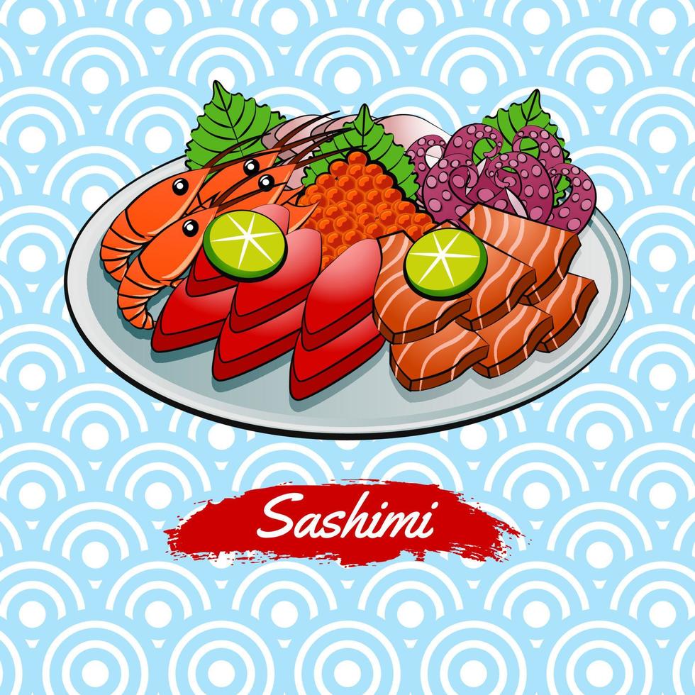 conjunto de comida deliciosa y famosa de japonés, sashimi, en un colorido icono de diseño degradado vector