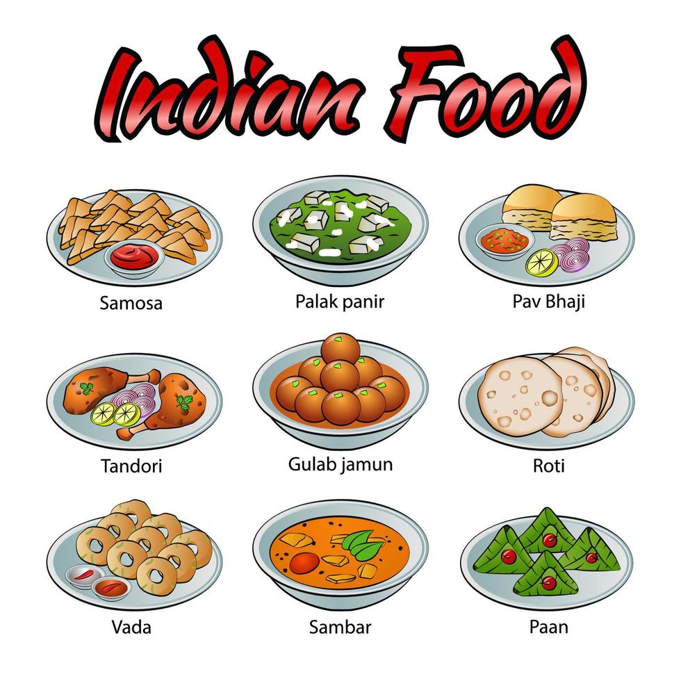 conjunto de comida deliciosa y famosa de la India en un colorido icono de diseño degradado vector