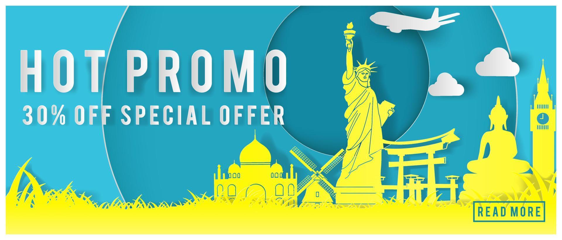 Travel promo banner with special price text and world famous landmarks in paper art design vector